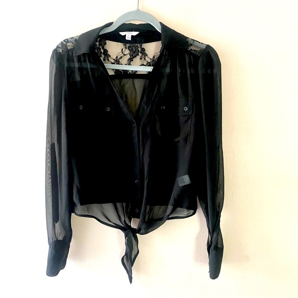 CANDIES BLACK LONG SLEEVE BUTTON DOWN SHEER TIE FRONT BACK LACE SHIRT SIZE SMALL - Picture 1 of 4
